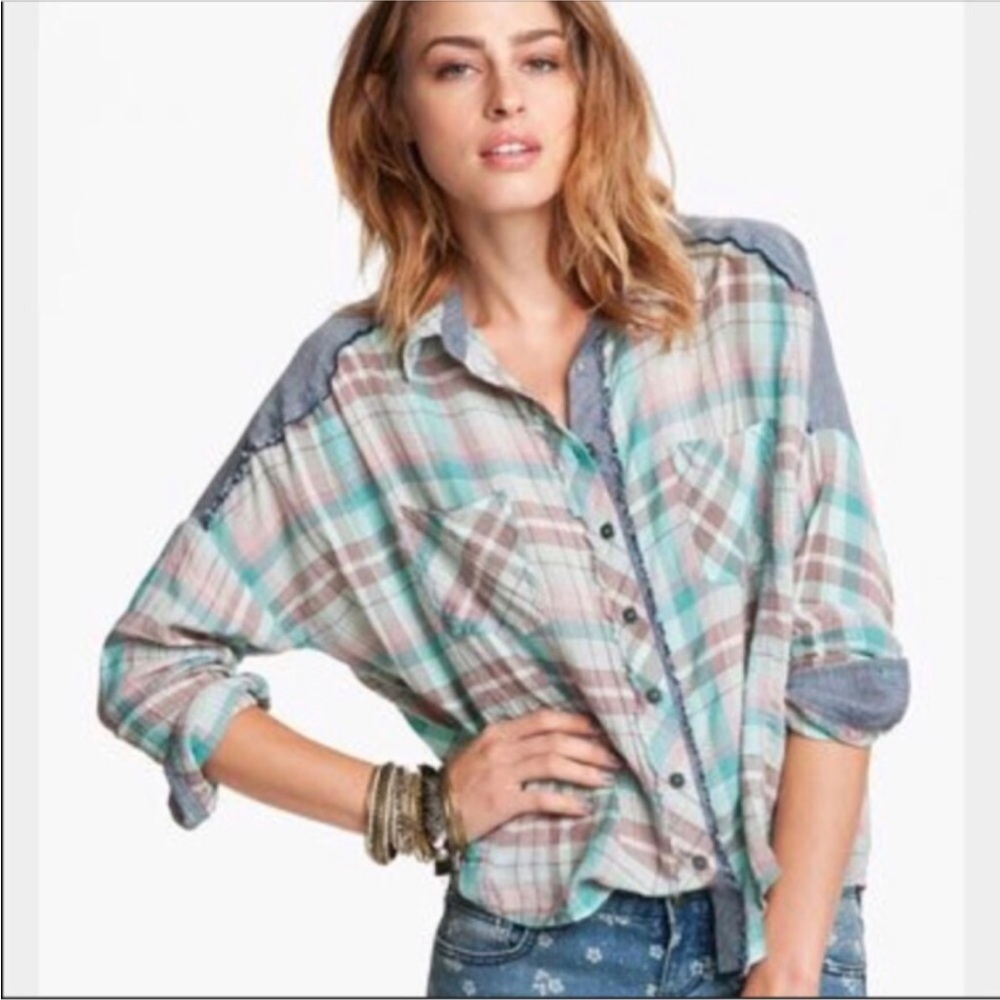 Free People We the Free Plaid Button Down Shirt